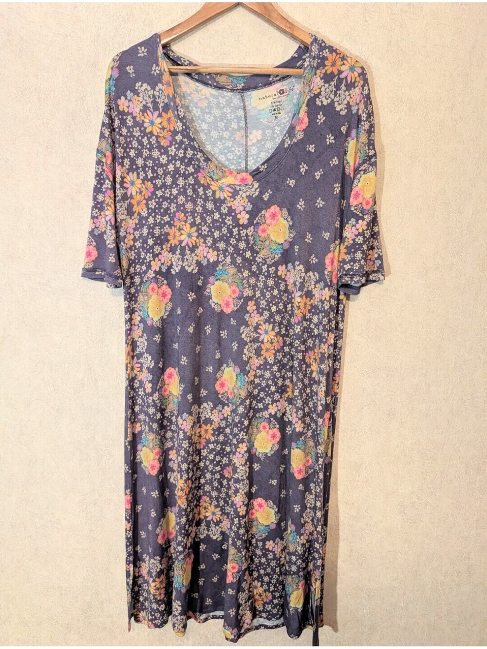 NATURAL LIFE purple gray floral short sleeve shirt dress sz M